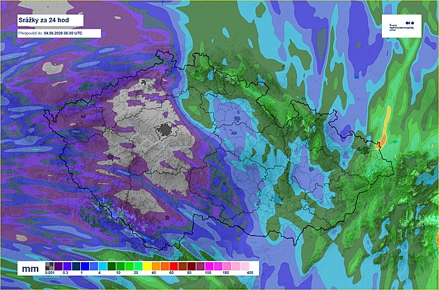 Meteorologové slibují deště s jedinou výjimkou. Na mapě je velké suché místo